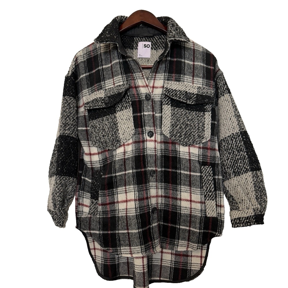 SO Womens Oversized Plaid Shacket Black Burgundy White Button Front XS NWT
